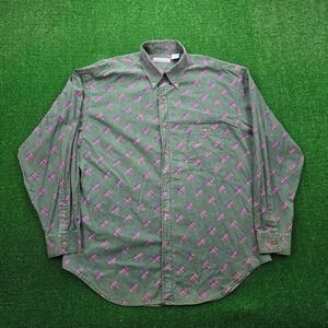 Bugle Boy Shirt Mens XL Green Geometric Button Down Vintage Cotton 90s Casual